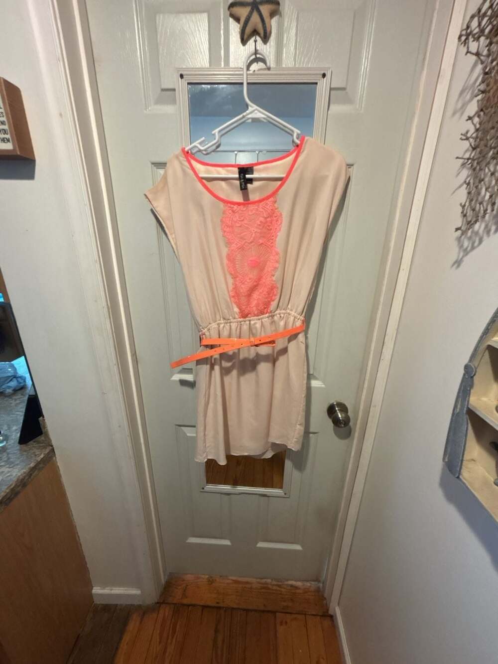 Fun & Flirt Beige and Neon Pink Lace Trim Dress Size M